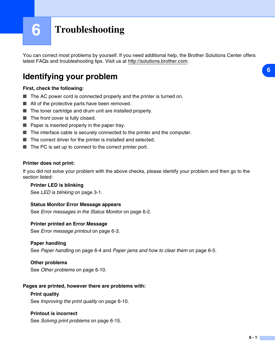 6 troubleshooting, Identifying your problem, Troubleshooting -1 | Identifying your problem -1, Troubleshooting | Brother HL-2070N  EN User Manual | Page 72 / 109