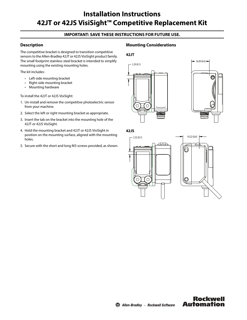 Rockwell Automation 42JT_JS VisiSight Competitive Replacement Kit Installation Instructions User Manual | 2 pages