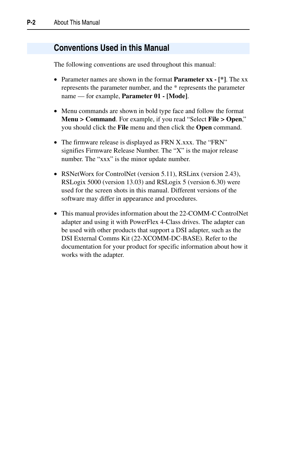 Conventions used in this manual, Conventions used in this manual p-2 | Rockwell Automation 22-COMM-C ControlNet Adapter User Manual | Page 10 / 164
