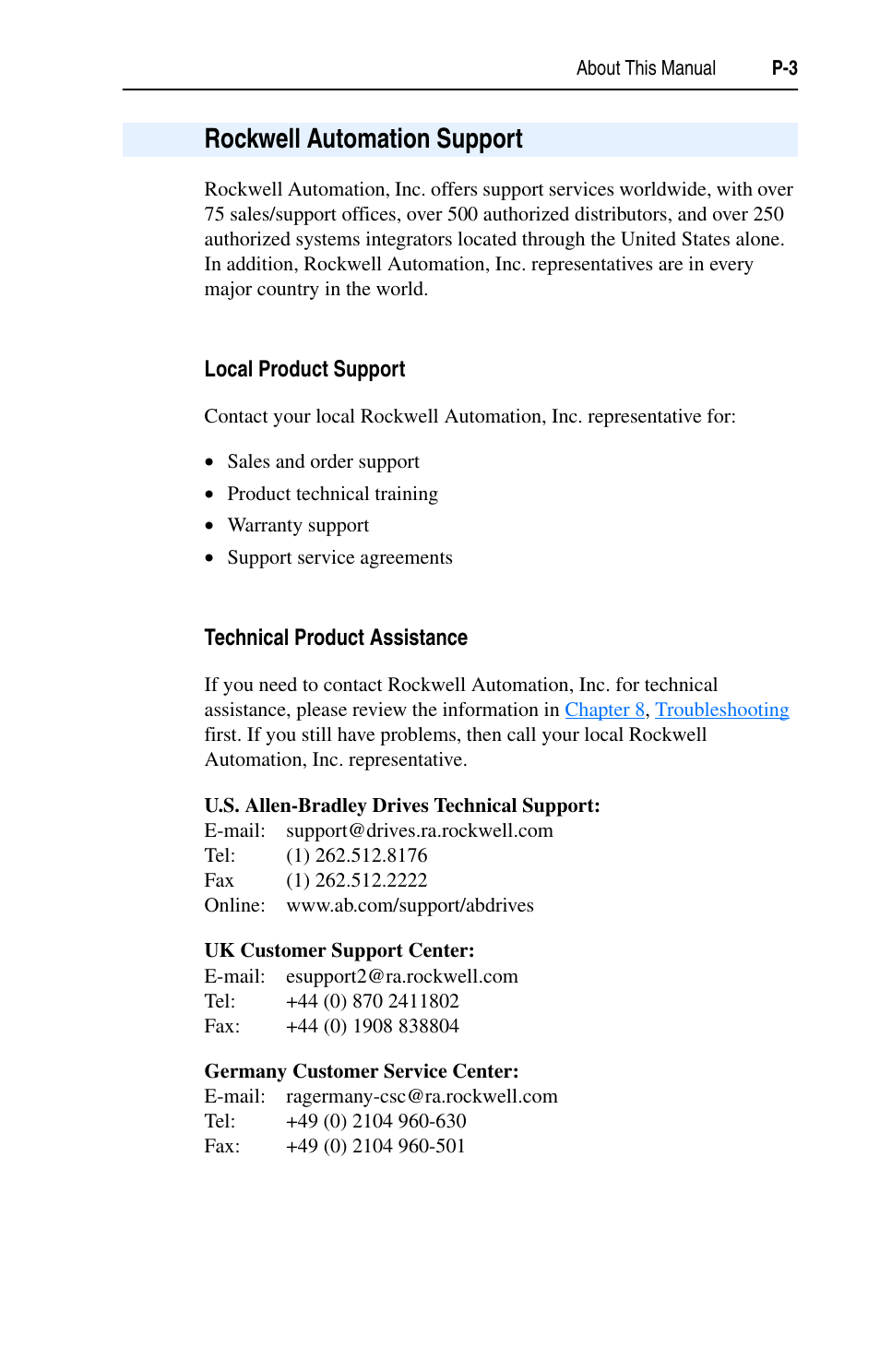 Rockwell automation support, Local product support, Technical product assistance | Rockwell Automation 22-COMM-C ControlNet Adapter User Manual | Page 11 / 164