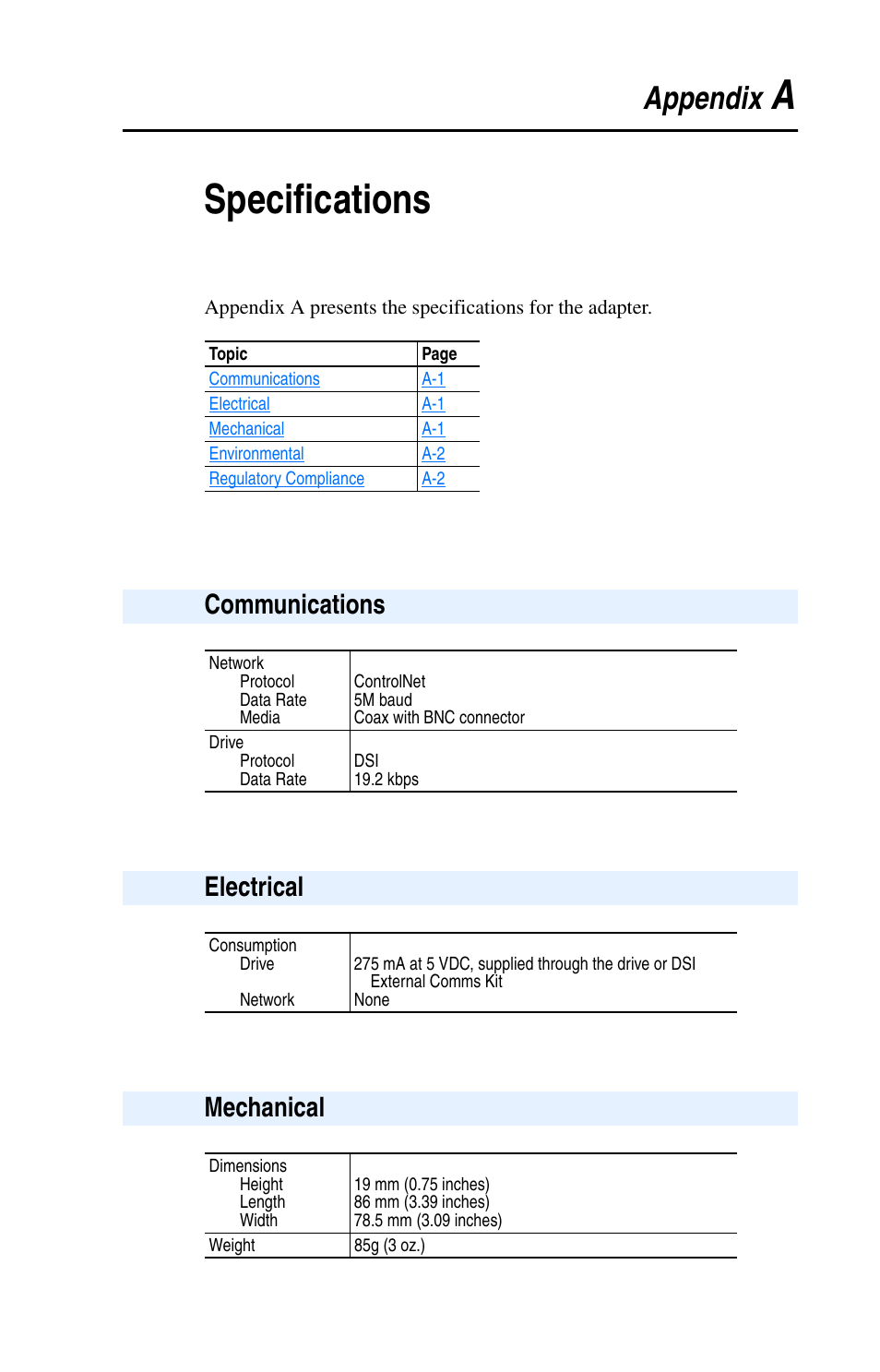 Appendix a, Specifications, Communications | Electrical, Mechanical, Aspecifications, Appendix | Rockwell Automation 22-COMM-C ControlNet Adapter User Manual | Page 113 / 164