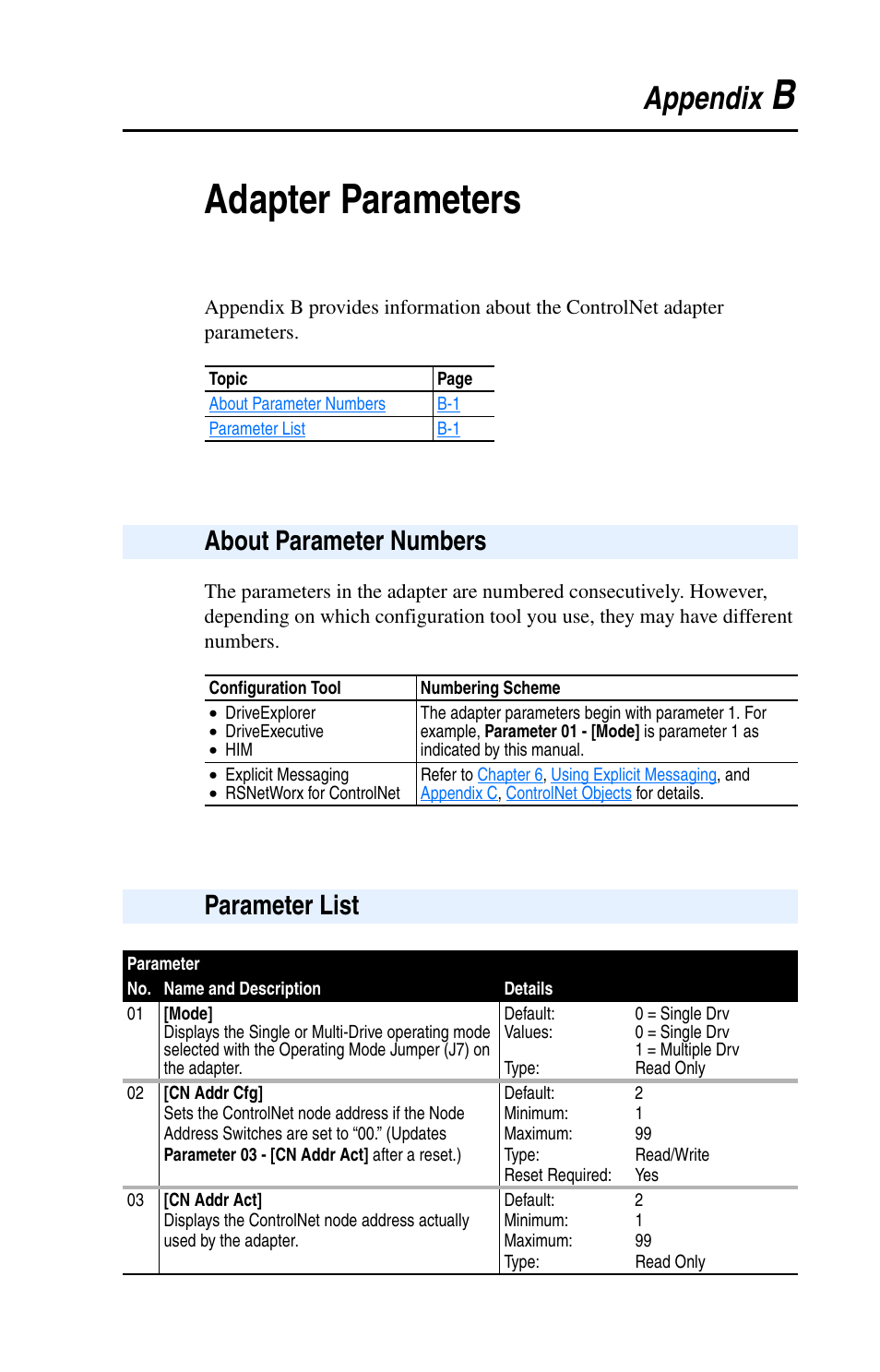 Appendix b, Adapter parameters, About parameter numbers | Parameter list, Meters, refer to, Badapter parameters, Appendix | Rockwell Automation 22-COMM-C ControlNet Adapter User Manual | Page 115 / 164