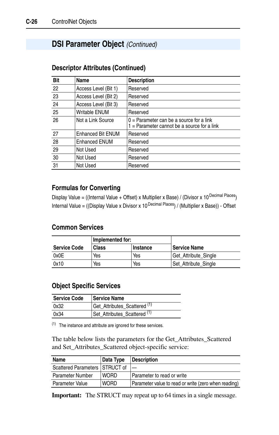 Descriptor attributes (continued), Formulas for converting, Common services | Object specific services, C-26, Dsi parameter object | Rockwell Automation 22-COMM-C ControlNet Adapter User Manual | Page 144 / 164