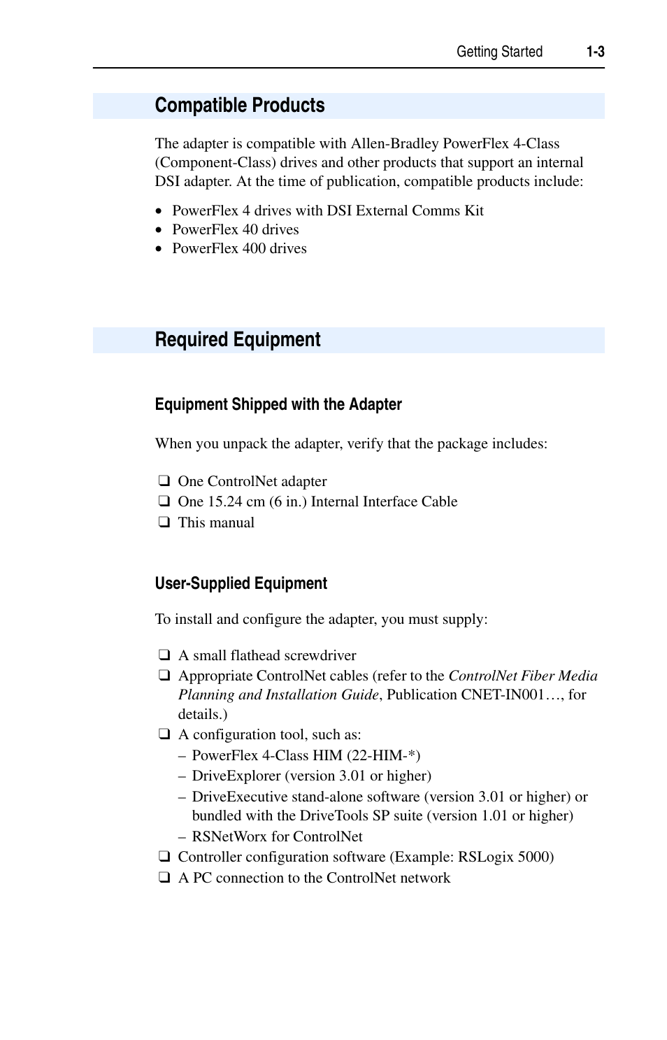 Compatible products, Required equipment, Equipment shipped with the adapter | User-supplied equipment, Compatible products -3 required equipment -3 | Rockwell Automation 22-COMM-C ControlNet Adapter User Manual | Page 15 / 164