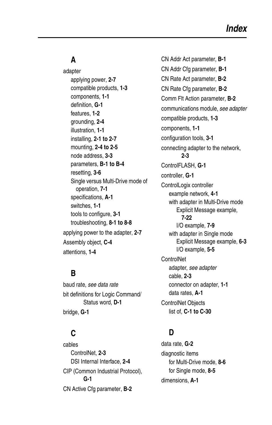 Index | Rockwell Automation 22-COMM-C ControlNet Adapter User Manual | Page 157 / 164