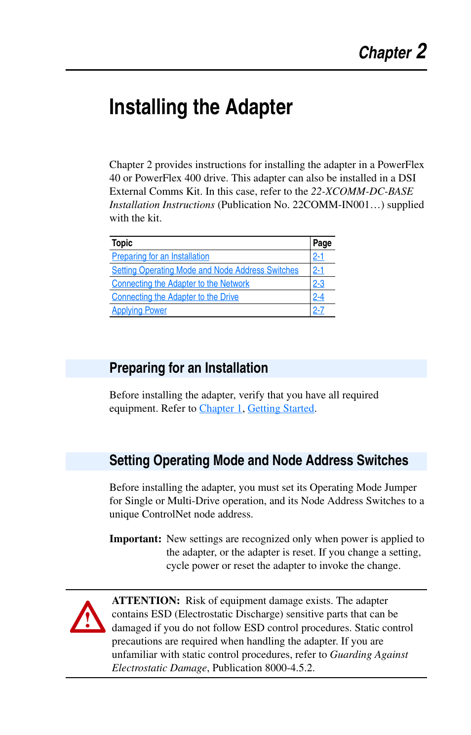 Chapter 2, Installing the adapter, Preparing for an installation | Setting operating mode and node address switches, Setting, Installing the, Adapter, 2installing the adapter | Rockwell Automation 22-COMM-C ControlNet Adapter User Manual | Page 19 / 164