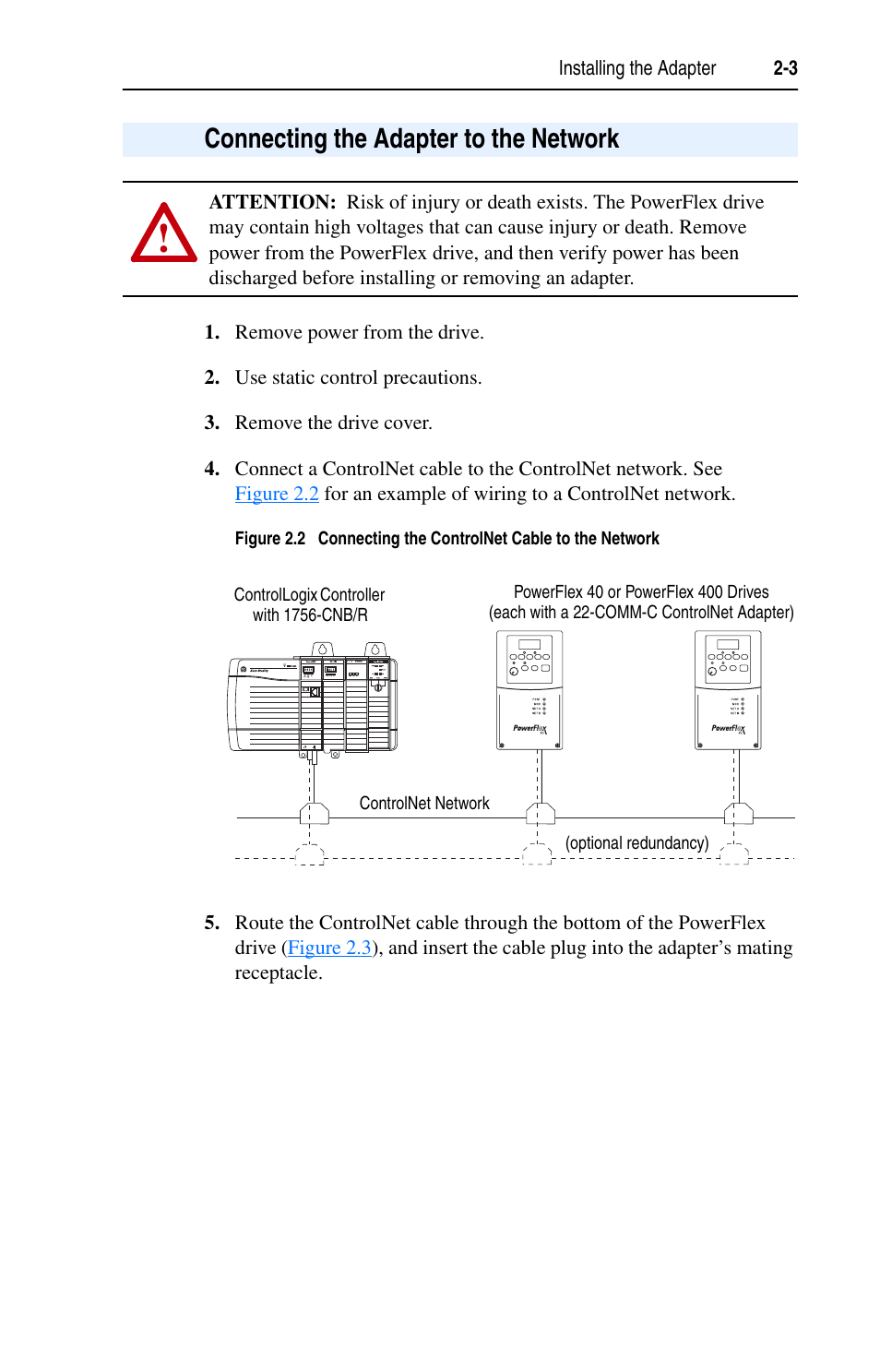 Connecting the adapter to the network, Connecting the adapter to the network -3 | Rockwell Automation 22-COMM-C ControlNet Adapter User Manual | Page 21 / 164