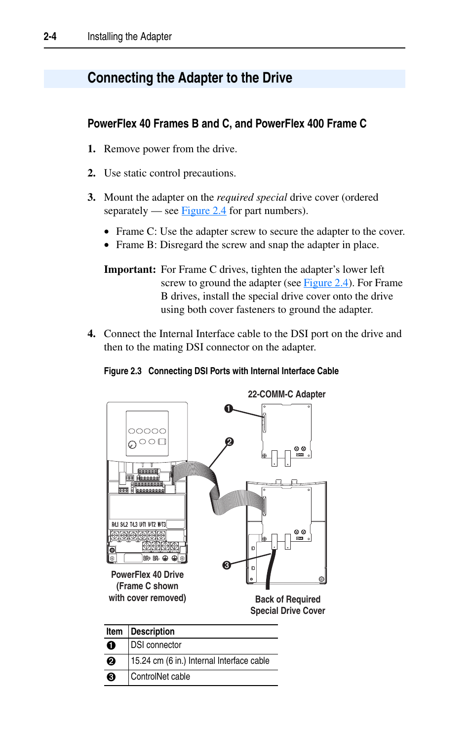 Connecting the adapter to the drive, Connecting the adapter to the drive -4 | Rockwell Automation 22-COMM-C ControlNet Adapter User Manual | Page 22 / 164