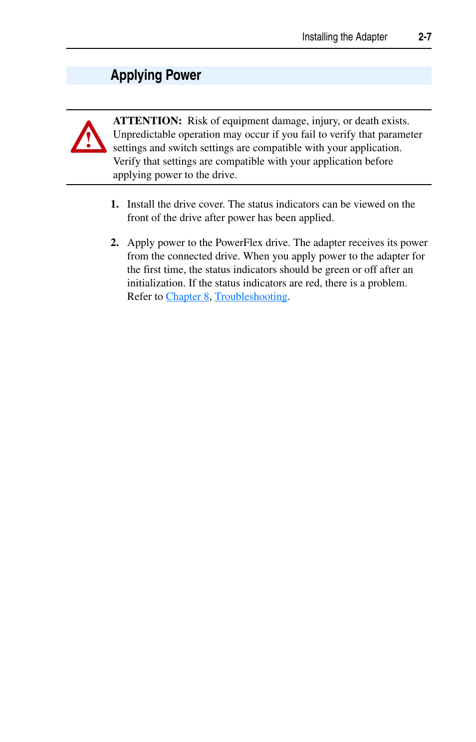 Applying power, Applying power -7 | Rockwell Automation 22-COMM-C ControlNet Adapter User Manual | Page 25 / 164