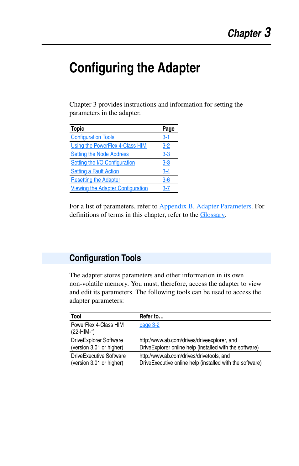 Chapter 3, Configuring the adapter, Configuration tools | Configuration tools -1, 3configuring the adapter, Chapter | Rockwell Automation 22-COMM-C ControlNet Adapter User Manual | Page 27 / 164