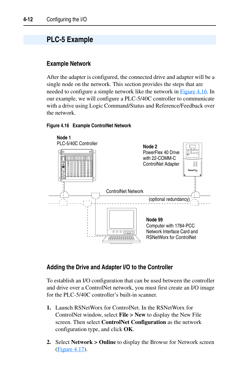 Plc-5 example, Example network, Adding the drive and adapter i/o to the controller | Plc-5 example -12 | Rockwell Automation 22-COMM-C ControlNet Adapter User Manual | Page 46 / 164