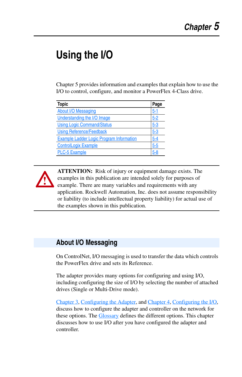 Chapter 5, Using the i/o, About i/o messaging | About i/o messaging -1, 5using the i/o | Rockwell Automation 22-COMM-C ControlNet Adapter User Manual | Page 51 / 164