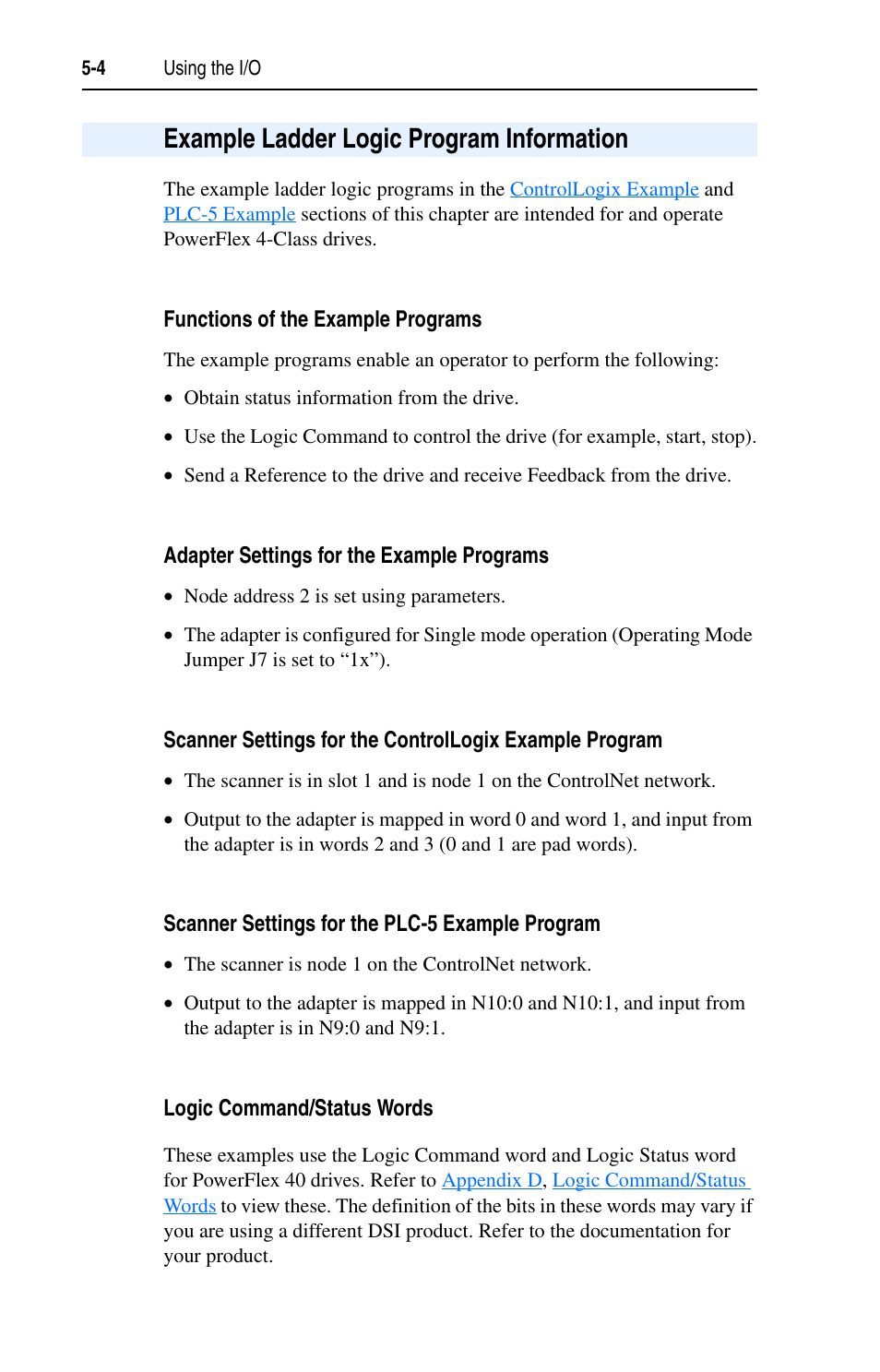 Example ladder logic program information, Functions of the example programs, Adapter settings for the example programs | Scanner settings for the plc-5 example program, Logic command/status words, Example ladder logic program information -4 | Rockwell Automation 22-COMM-C ControlNet Adapter User Manual | Page 54 / 164