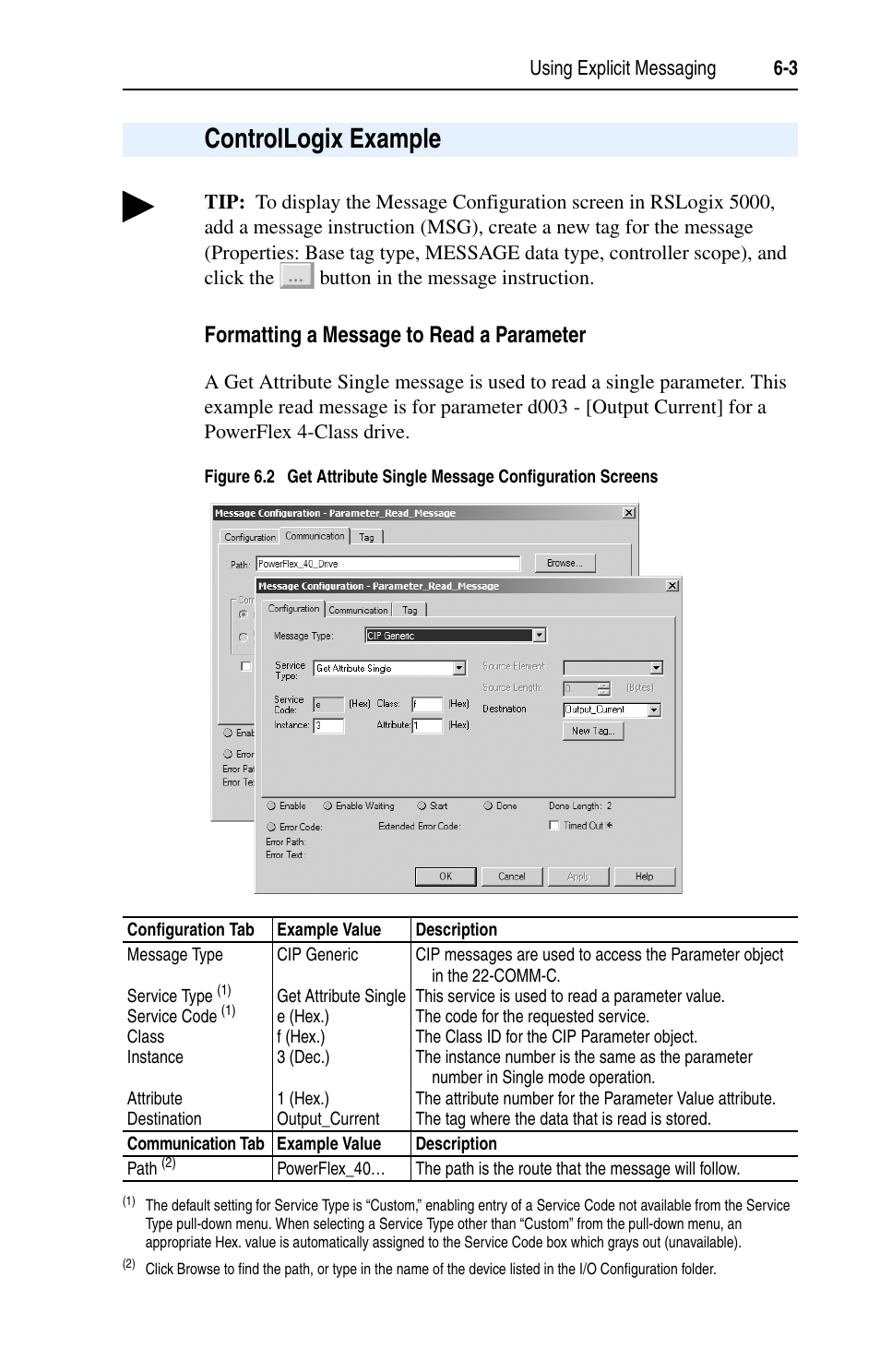 Controllogix example, Formatting a message to read a parameter, Controllogix example -3 | Rockwell Automation 22-COMM-C ControlNet Adapter User Manual | Page 63 / 164