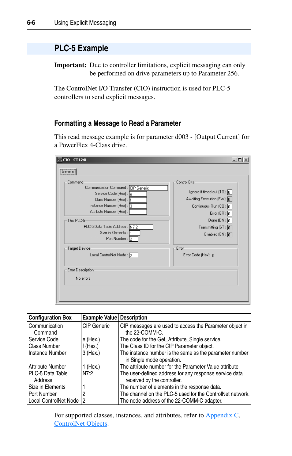 Plc-5 example, Formatting a message to read a parameter, Plc-5 example -6 | Rockwell Automation 22-COMM-C ControlNet Adapter User Manual | Page 66 / 164