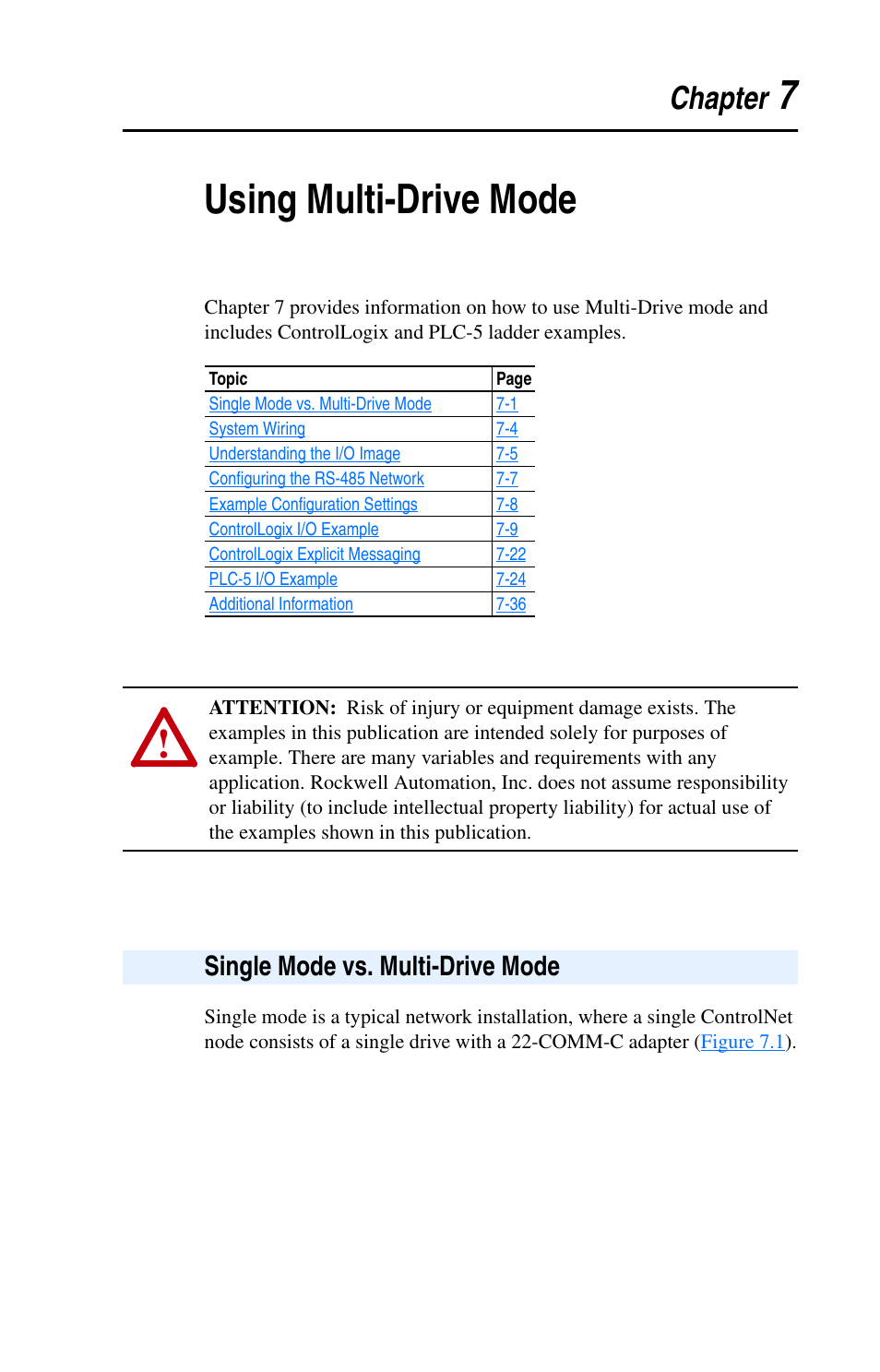 Chapter 7, Using multi-drive mode, Single mode vs. multi-drive mode | Single mode vs. multi-drive mode -1, Using, Multi-drive mode, For more, 7using multi-drive mode | Rockwell Automation 22-COMM-C ControlNet Adapter User Manual | Page 69 / 164