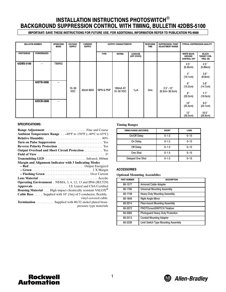 Rockwell Automation 42DBS-5100 Background Suppression with Timing PHOTOSWITCH User Manual | 4 pages