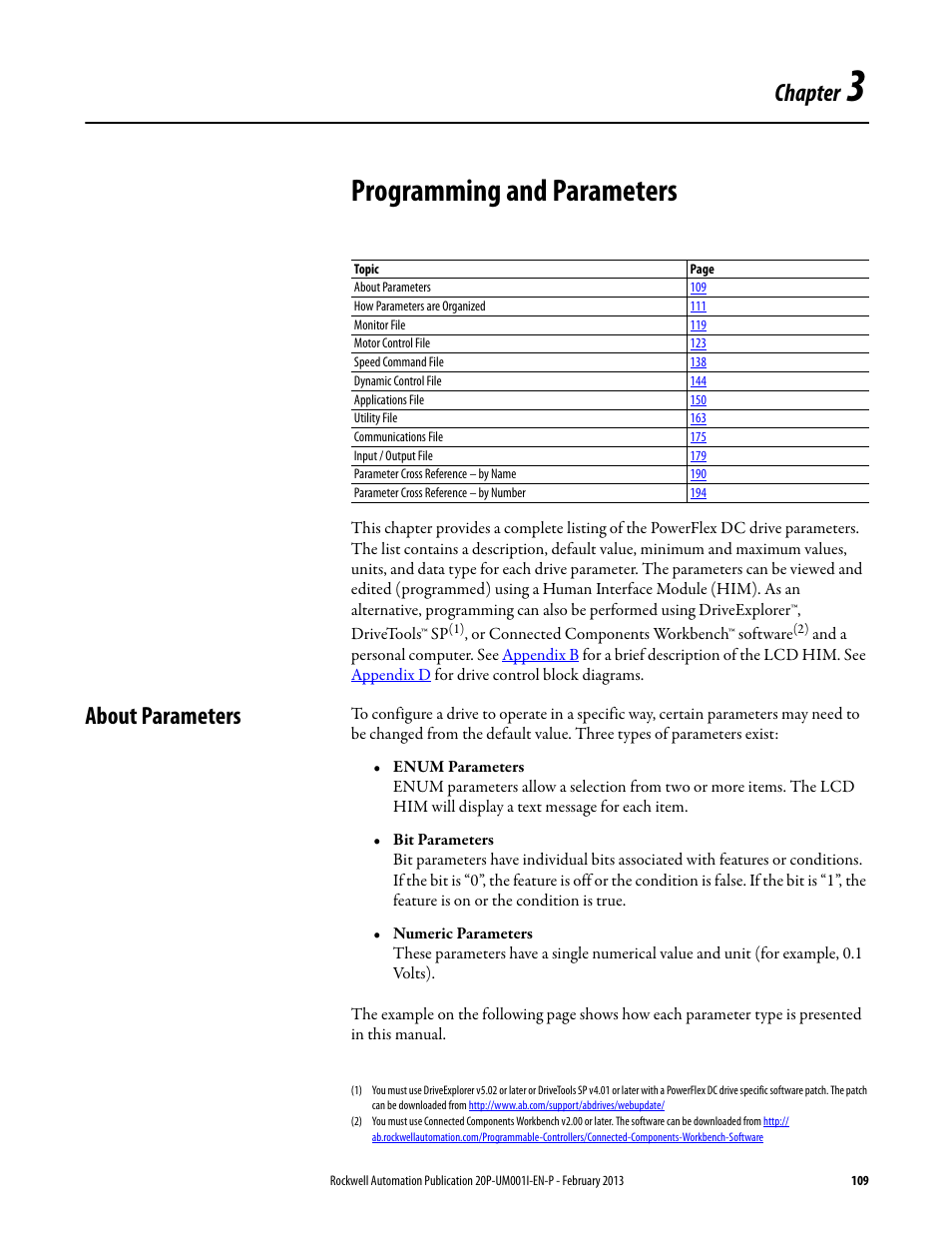 Chapter 3, Programming and parameters, About parameters | Chapter | Rockwell Automation 20P PowerFlex Digital DC Drive User Manual | Page 109 / 376