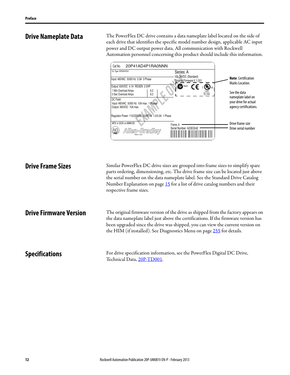 Drive nameplate data, Drive frame sizes, Drive firmware version | Specifications, Example onl y | Rockwell Automation 20P PowerFlex Digital DC Drive User Manual | Page 12 / 376