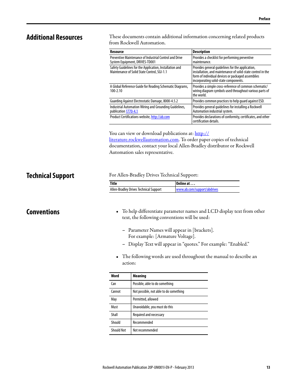 Additional resources, Technical support, Conventions | Additional resources technical support conventions | Rockwell Automation 20P PowerFlex Digital DC Drive User Manual | Page 13 / 376