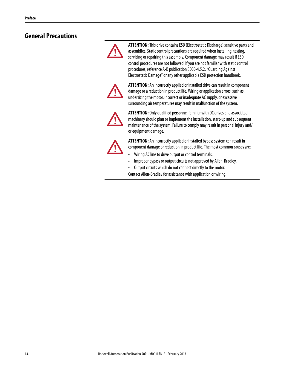 General precautions | Rockwell Automation 20P PowerFlex Digital DC Drive User Manual | Page 14 / 376