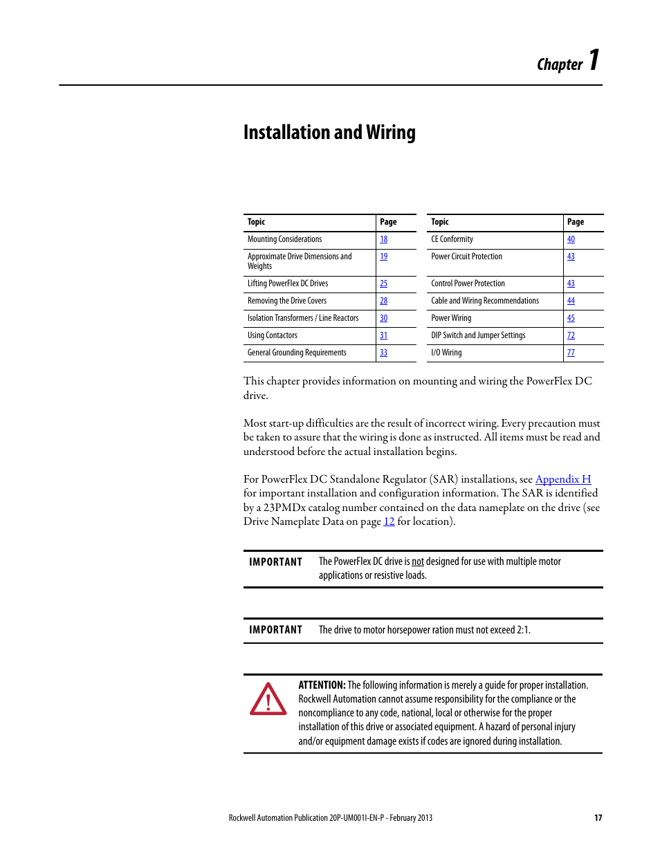 Chapter 1, Installation and wiring, Chapter | Rockwell Automation 20P PowerFlex Digital DC Drive User Manual | Page 17 / 376