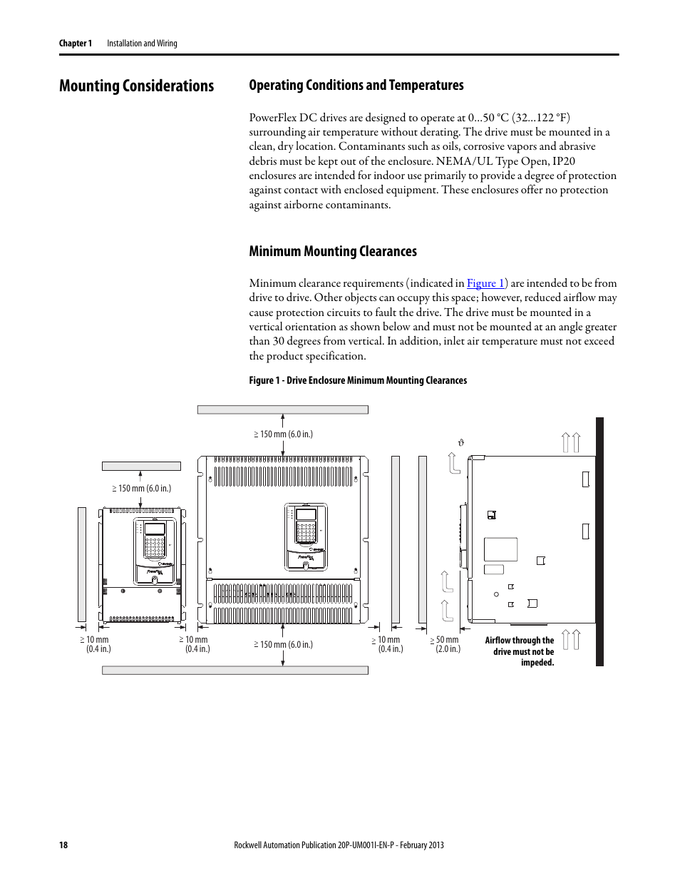 Mounting considerations, Operating conditions and temperatures, Minimum mounting clearances | Rockwell Automation 20P PowerFlex Digital DC Drive User Manual | Page 18 / 376