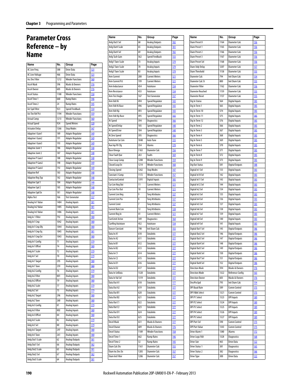 Parameter cross reference – by name, E parameter cross reference – by name on p | Rockwell Automation 20P PowerFlex Digital DC Drive User Manual | Page 190 / 376