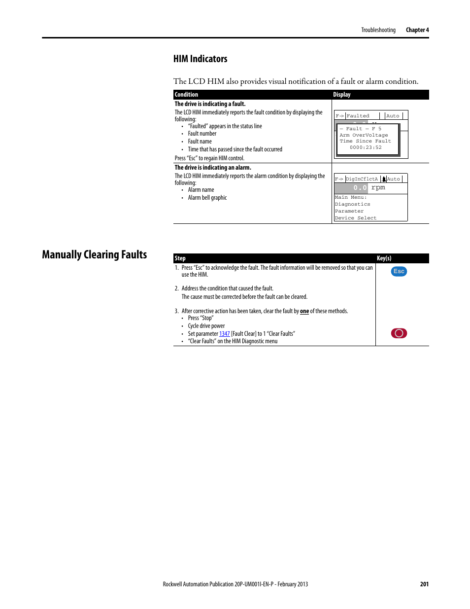 Him indicators, Manually clearing faults | Rockwell Automation 20P PowerFlex Digital DC Drive User Manual | Page 201 / 376