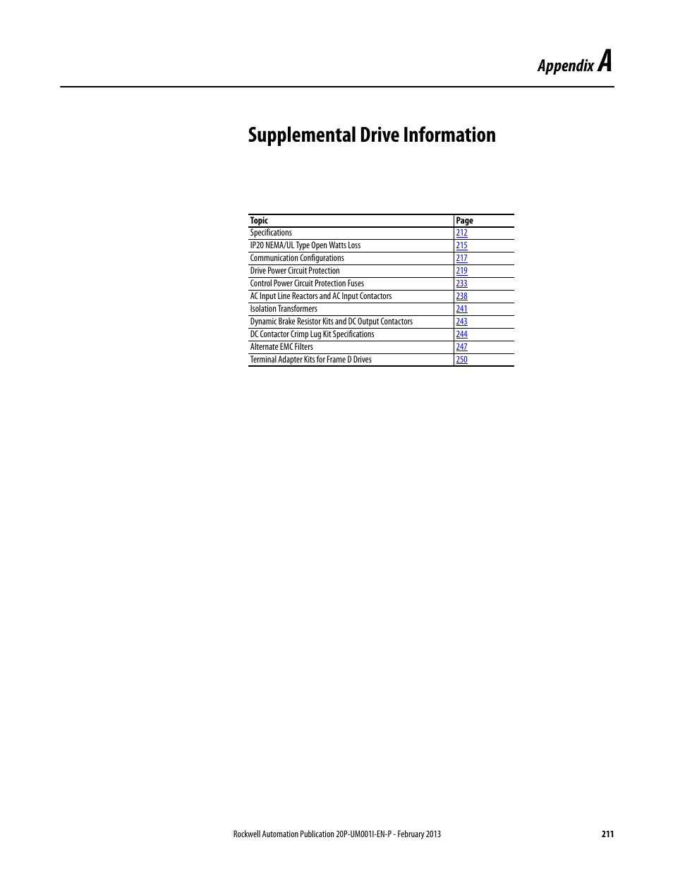 Appendix a, Supplemental drive information, Appendix | Rockwell Automation 20P PowerFlex Digital DC Drive User Manual | Page 211 / 376