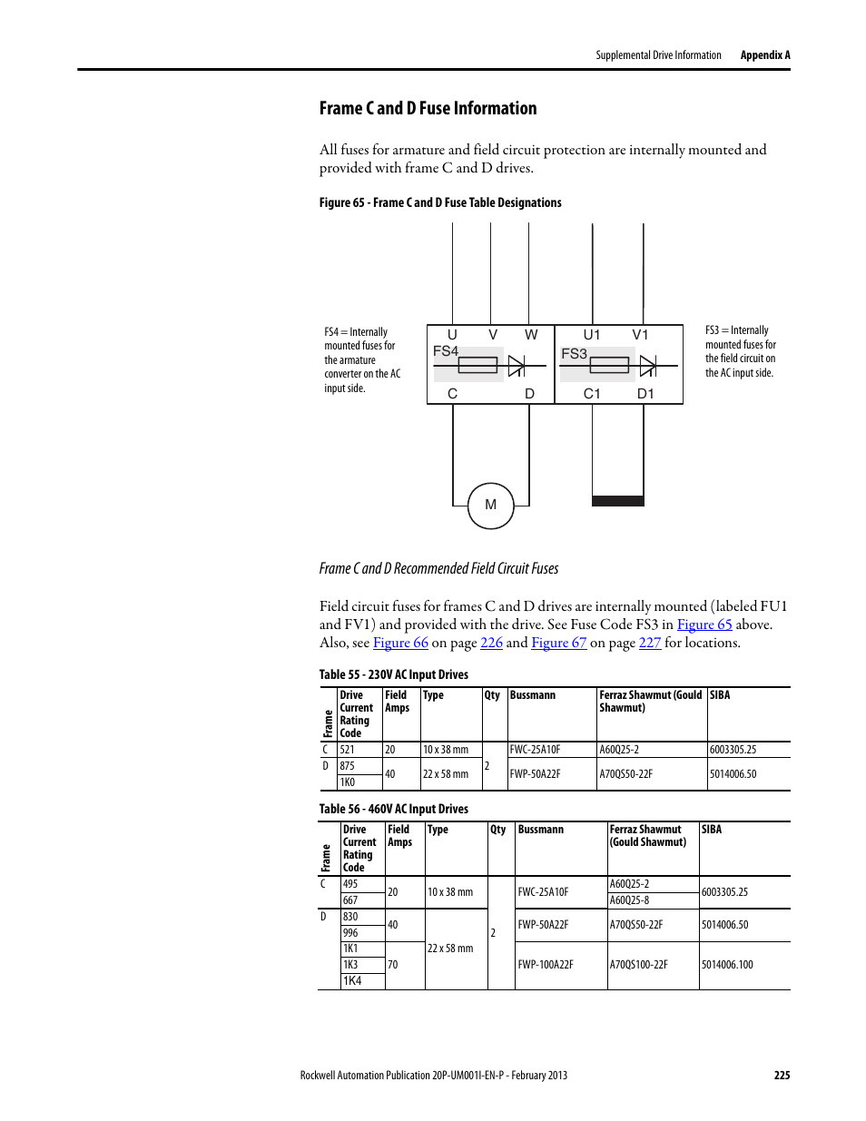 Frame c and d fuse information | Rockwell Automation 20P PowerFlex Digital DC Drive User Manual | Page 225 / 376