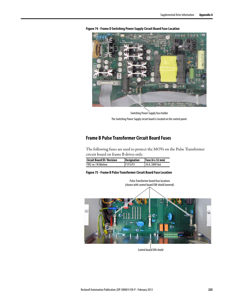 Frame b pulse transformer circuit board fuses | Rockwell Automation 20P PowerFlex Digital DC Drive User Manual | Page 235 / 376