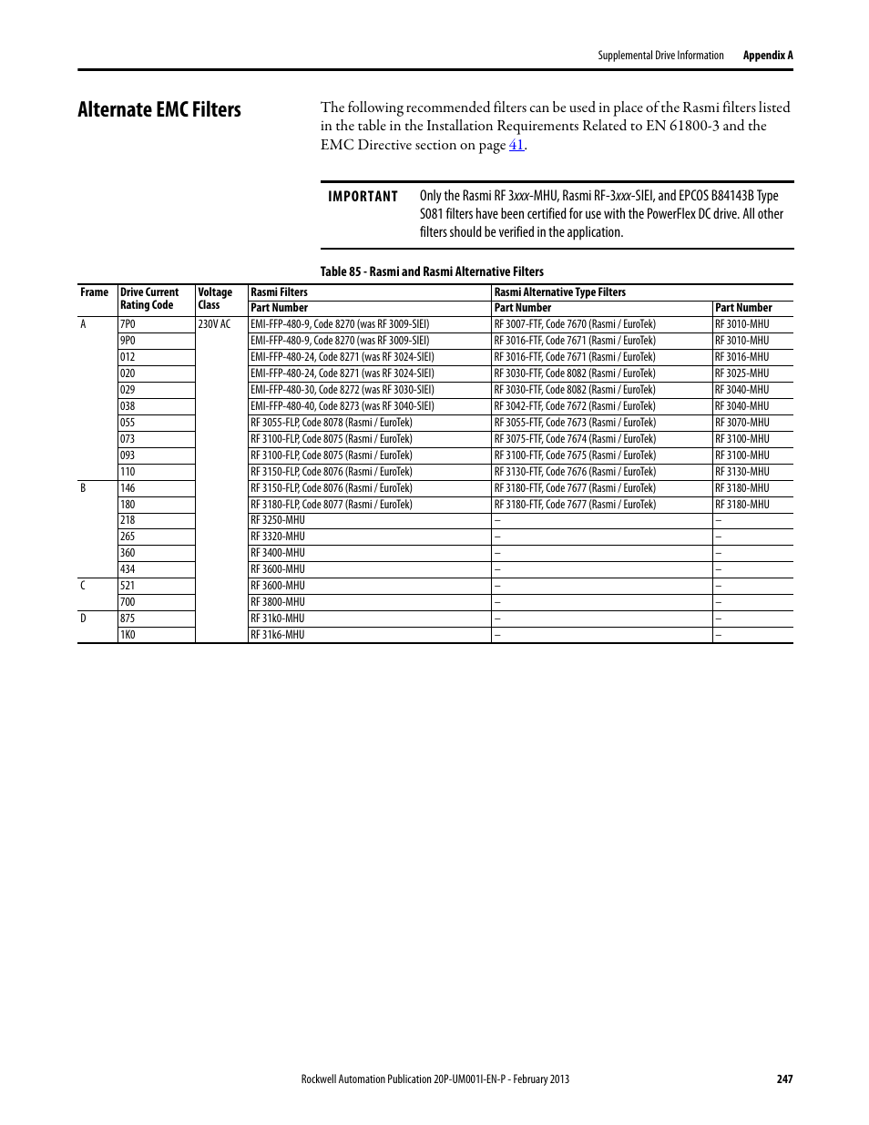 Alternate emc filters | Rockwell Automation 20P PowerFlex Digital DC Drive User Manual | Page 247 / 376