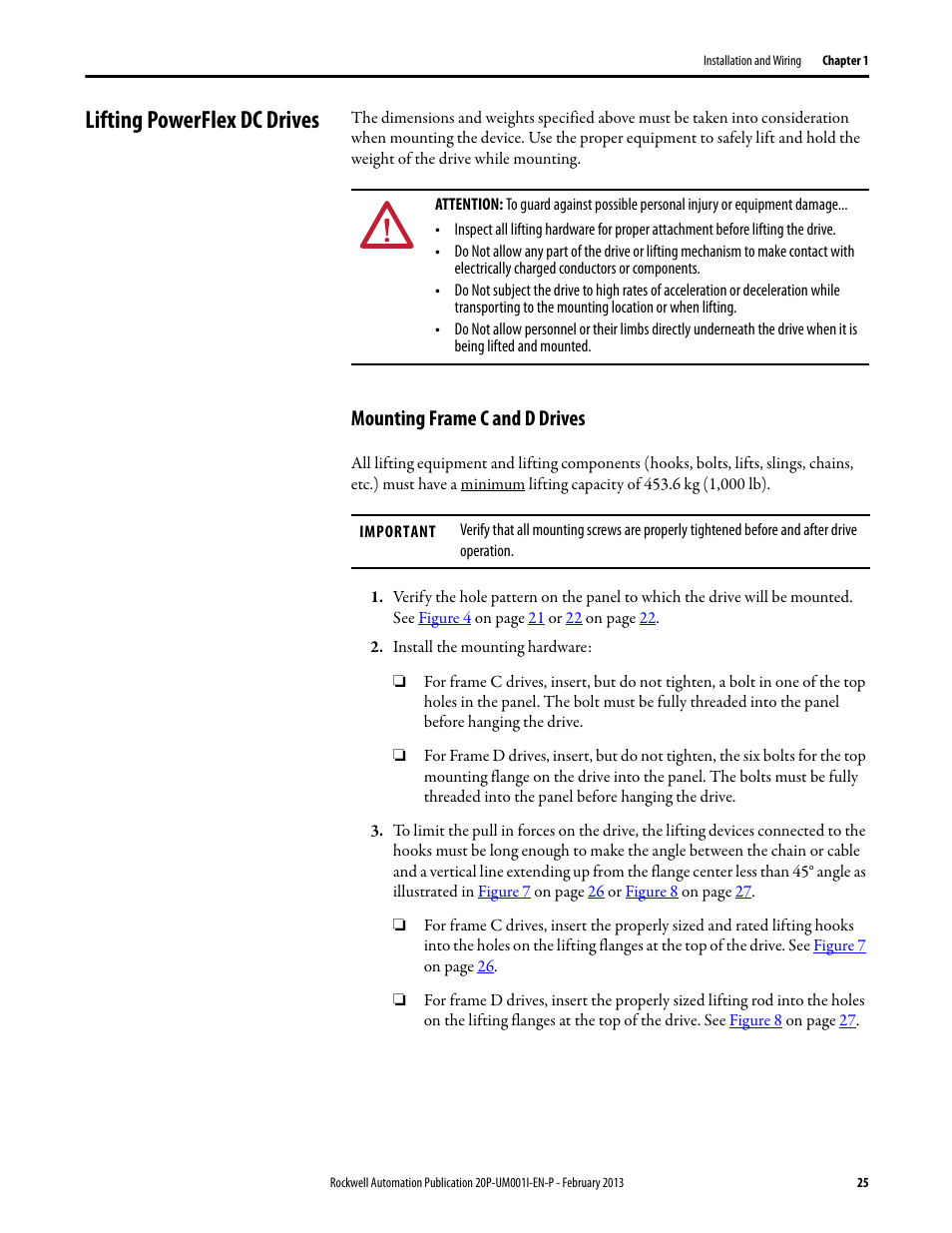 Lifting powerflex dc drives, Mounting frame c and d drives | Rockwell Automation 20P PowerFlex Digital DC Drive User Manual | Page 25 / 376