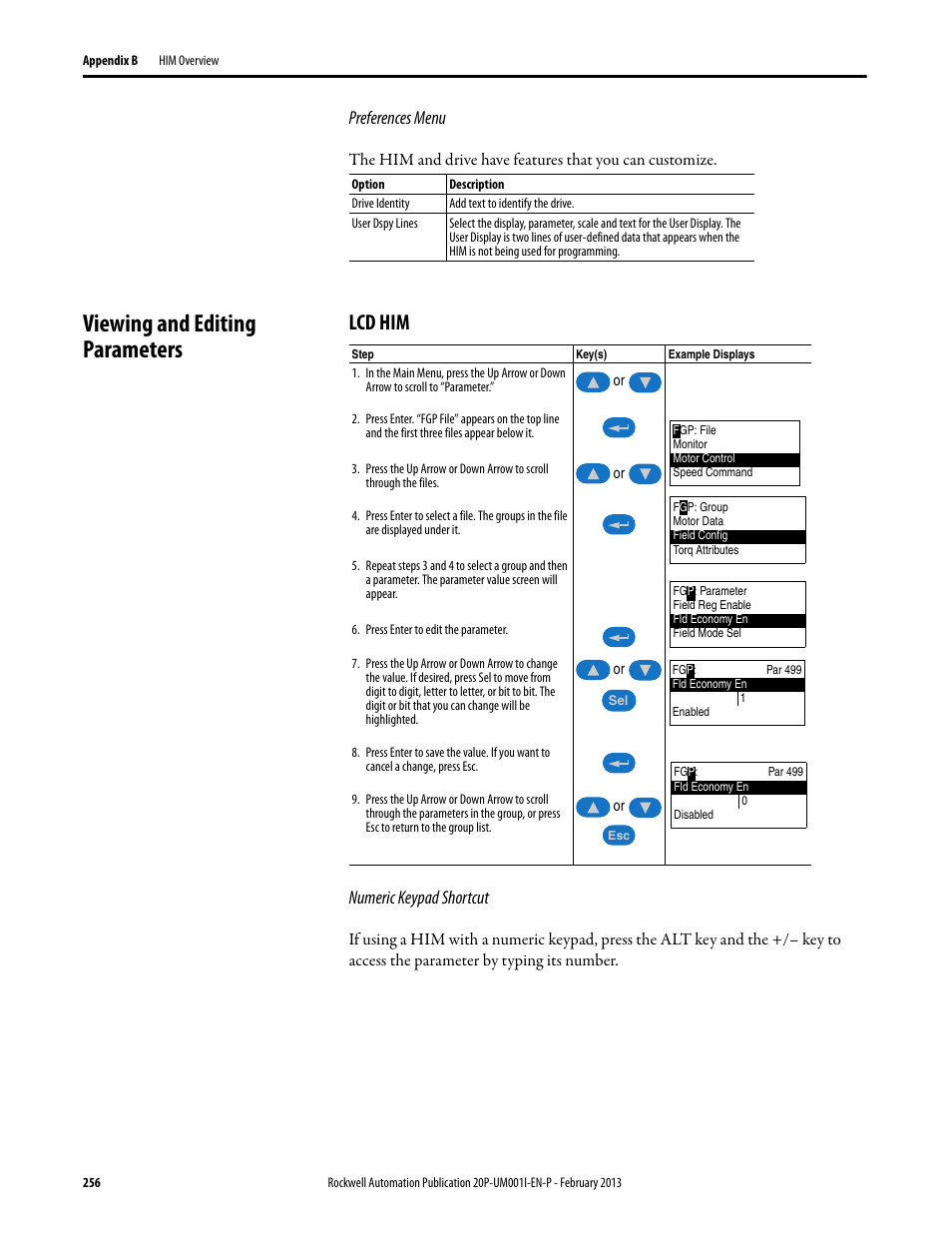 Viewing and editing parameters, Lcd him, Viewing and editing parameters o | Preferences menu, Numeric keypad shortcut | Rockwell Automation 20P PowerFlex Digital DC Drive User Manual | Page 256 / 376