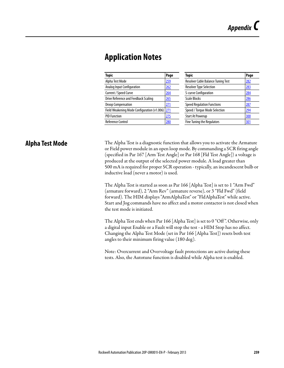 Appendix c, Application notes, Alpha test mode | Appendix | Rockwell Automation 20P PowerFlex Digital DC Drive User Manual | Page 259 / 376