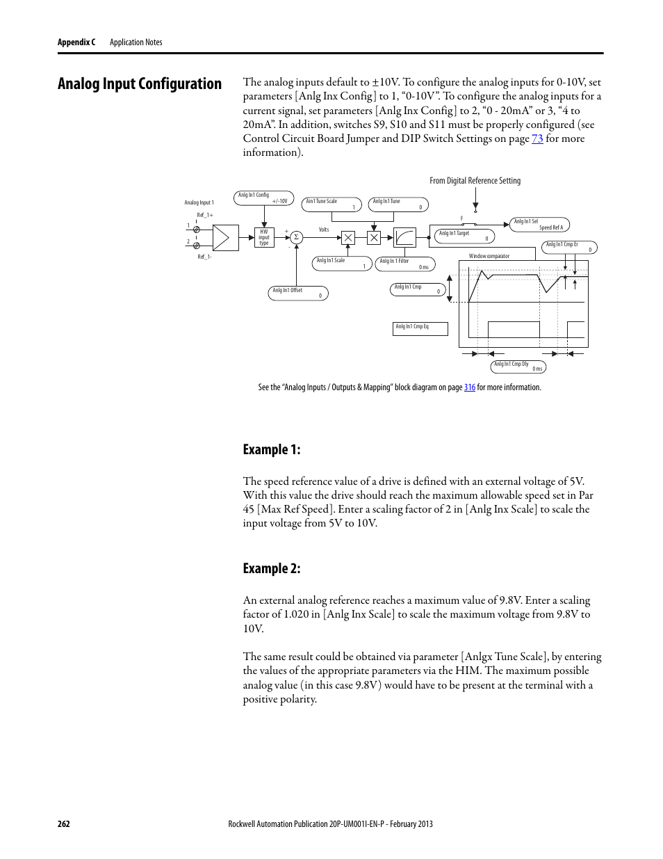 Analog input configuration, Example 1, Example 2 | Example 1: example 2, Analog input configuration on | Rockwell Automation 20P PowerFlex Digital DC Drive User Manual | Page 262 / 376
