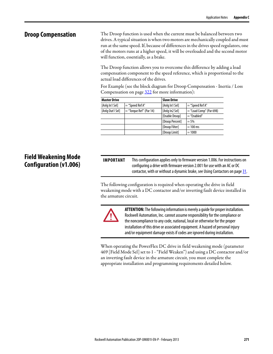 Droop compensation, Field weakening mode configuration (v1.006), E field weakening mode configuration (v1.006) o | Droop compensation o, Ee droop compensation | Rockwell Automation 20P PowerFlex Digital DC Drive User Manual | Page 271 / 376