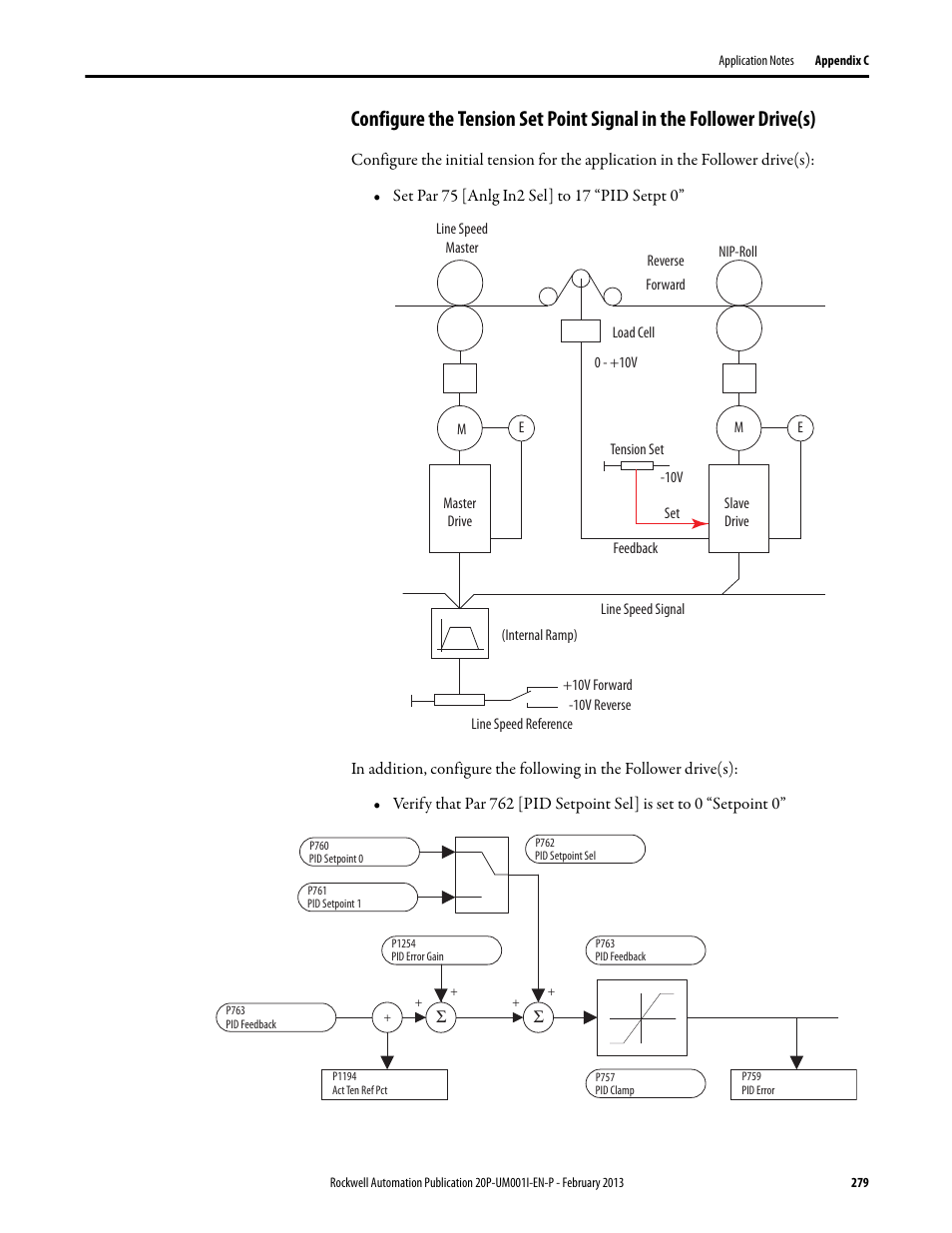 Configure the tension set point signal in the, Follower drive(s) | Rockwell Automation 20P PowerFlex Digital DC Drive User Manual | Page 279 / 376