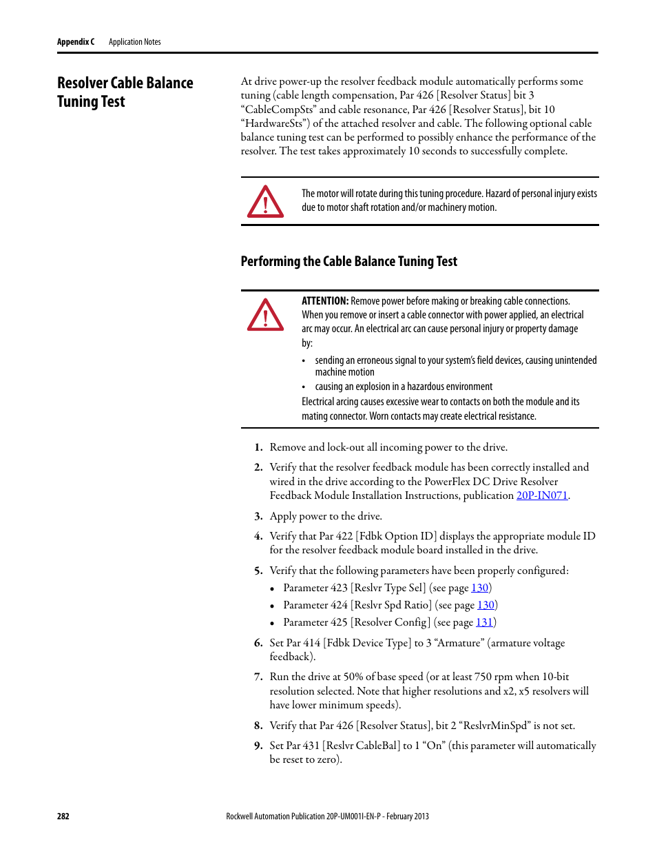 Resolver cable balance tuning test, Performing the cable balance tuning test, Resolver cable balance tuning test on | Ee resolver cable balance tuning test on, For c | Rockwell Automation 20P PowerFlex Digital DC Drive User Manual | Page 282 / 376