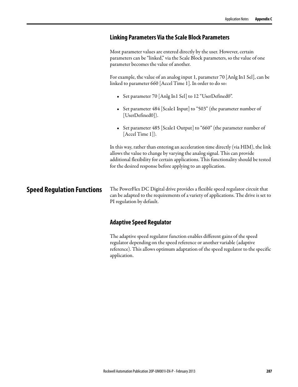 Linking parameters via the scale block parameters, Speed regulation functions, Adaptive speed regulator | E adaptive speed regulator o, Adaptive speed regulator on | Rockwell Automation 20P PowerFlex Digital DC Drive User Manual | Page 287 / 376