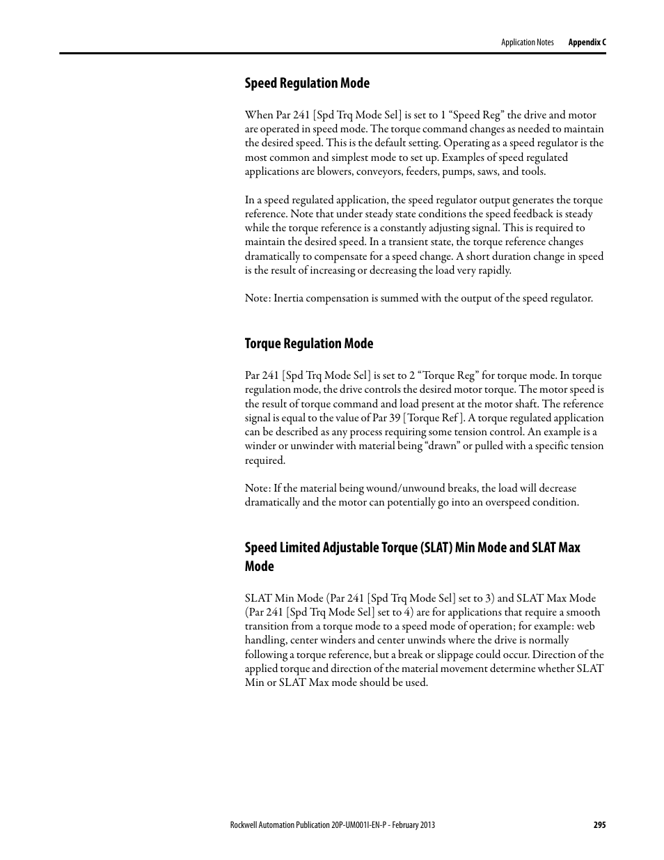 Speed regulation mode, Torque regulation mode | Rockwell Automation 20P PowerFlex Digital DC Drive User Manual | Page 295 / 376