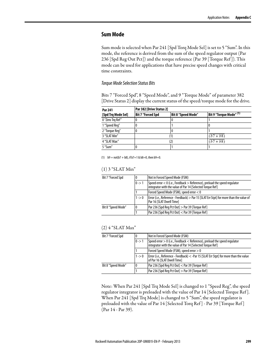 Sum mode, Torque mode selection status bits | Rockwell Automation 20P PowerFlex Digital DC Drive User Manual | Page 299 / 376