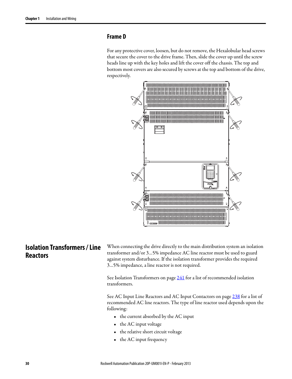 Frame d, Isolation transformers / line reactors | Rockwell Automation 20P PowerFlex Digital DC Drive User Manual | Page 30 / 376