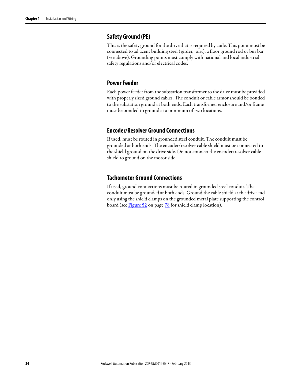 Safety ground (pe), Power feeder, Encoder/resolver ground connections | Tachometer ground connections | Rockwell Automation 20P PowerFlex Digital DC Drive User Manual | Page 34 / 376