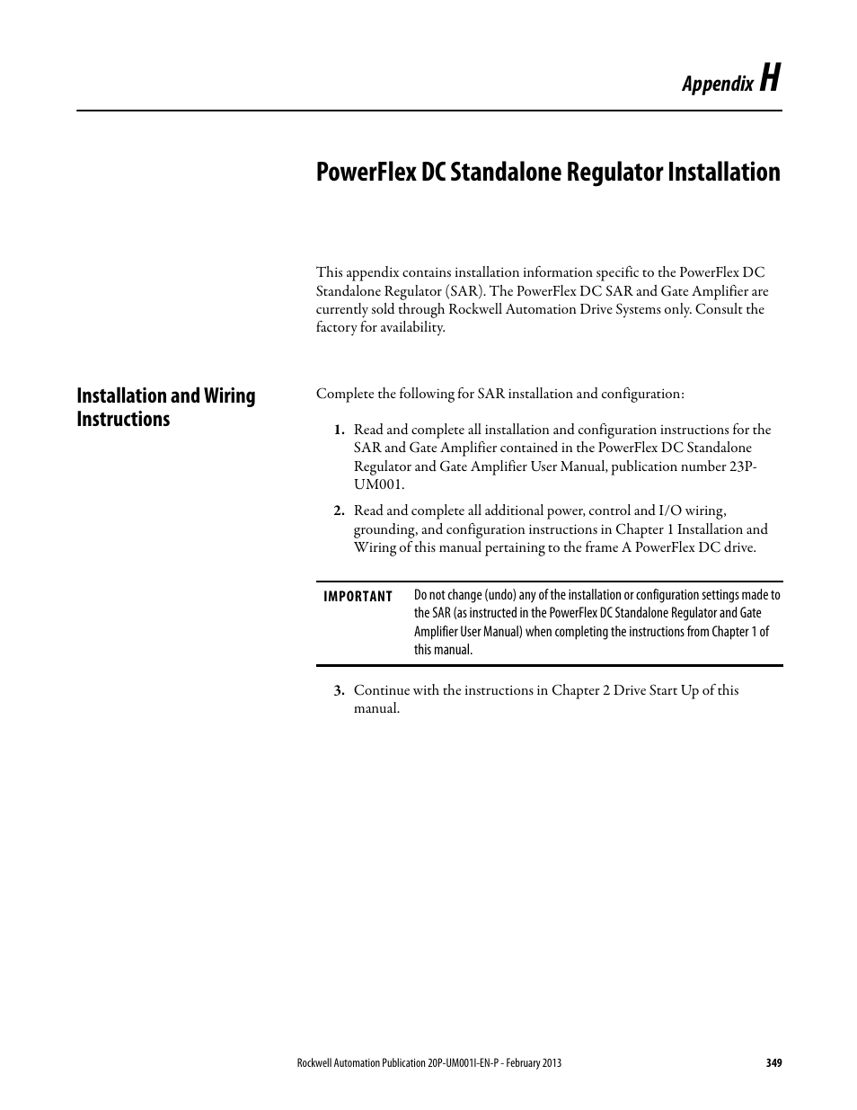 Appendix h, Powerflex dc standalone regulator installation, Installation and wiring instructions | Appendix | Rockwell Automation 20P PowerFlex Digital DC Drive User Manual | Page 349 / 376