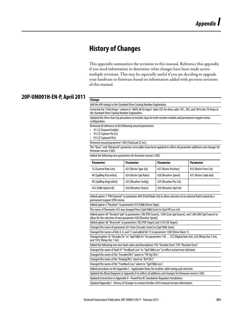 Appendix i, History of changes, 20p-um001h-en-p, april 2011 | In appendix i history of changes, Appendix | Rockwell Automation 20P PowerFlex Digital DC Drive User Manual | Page 351 / 376