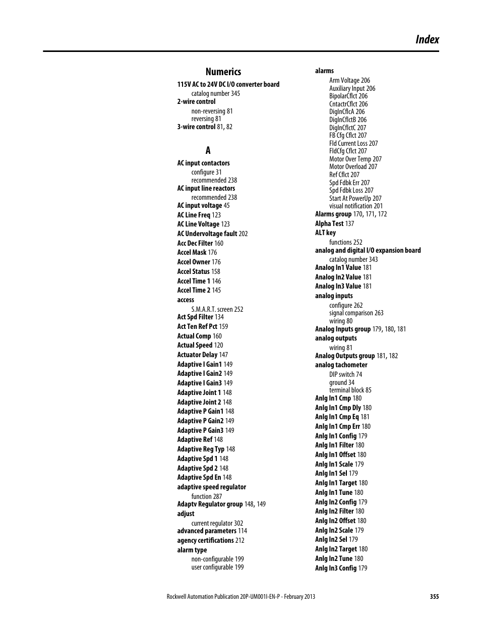 Index, Numerics | Rockwell Automation 20P PowerFlex Digital DC Drive User Manual | Page 355 / 376