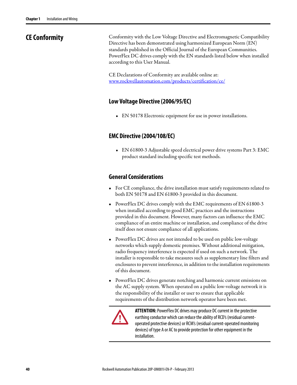 Ce conformity, Low voltage directive (2006/95/ec), Emc directive (2004/108/ec) | General considerations | Rockwell Automation 20P PowerFlex Digital DC Drive User Manual | Page 40 / 376