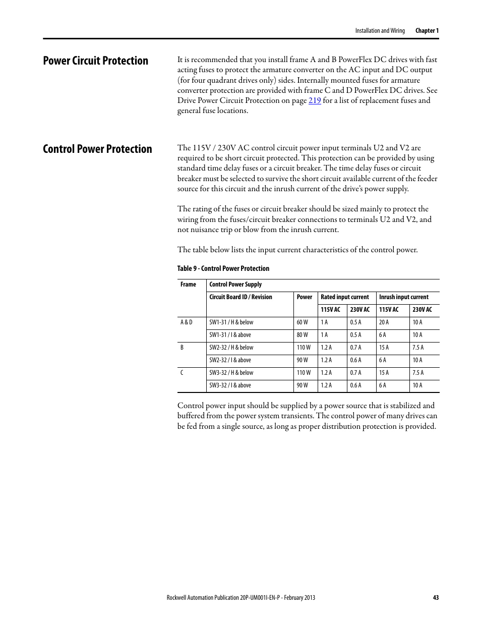 Power circuit protection, Control power protection, Power circuit protection control power protection | Rockwell Automation 20P PowerFlex Digital DC Drive User Manual | Page 43 / 376